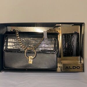 Aldo gift set with Black purse with gold chain strap, Crossbody, or handle, new